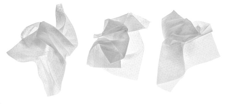 Set white disposable wet wipes isolated on background, clipping path