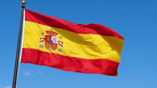 The national flag of spain waving against a clear blue sky