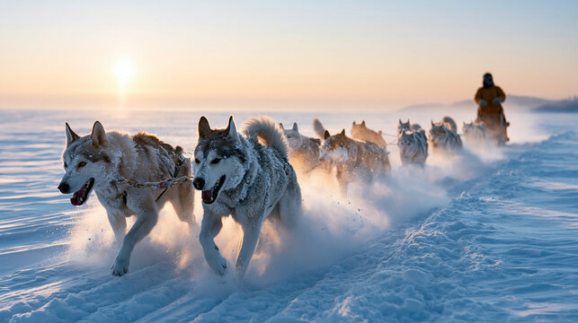 A powerful team of huskies races through the snowy landscape at sunset.