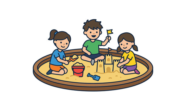 Children playing in a sandbox with sandcastles.