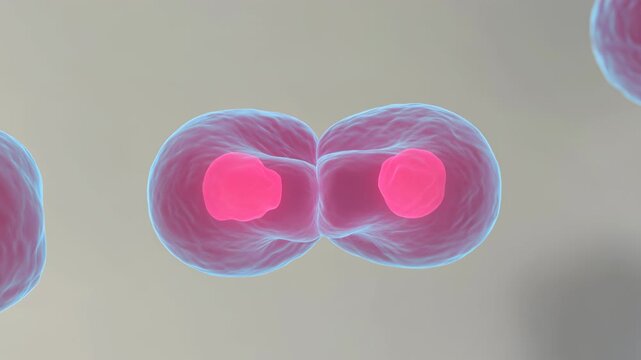 Biological cell division process demonstrating mitosis. Graphic animation of microscopic cells separating and replicating for medical research and science education