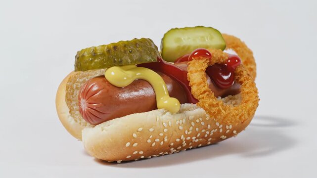 Hot dog preparation with sausage, bun, mustard, ketchup and onion ring falling on white background. Fast food assembly process at home for snack and lunch menu