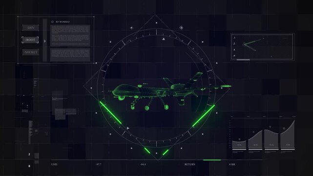 Drone wireframe surveillance interface rotating in digital motion graphic animation