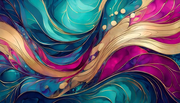 An Abstract Digital Painting Predominantly Composed Of Vibrant Hues Of Teal Magenta And Gold Layered In A Chaotic Yet Balanced Manner Creating A Sense Of Energy And Depth Exhib