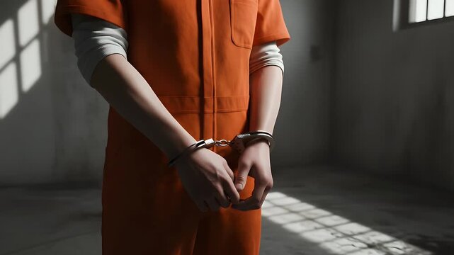 Close up view of a prisoner wearing a bright orange jumpsuit and metallic handcuffs while standing inside a dark and desolate concrete holding room cell
