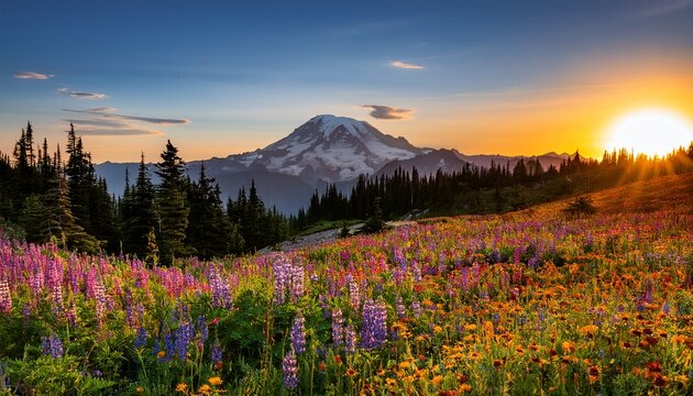 Mount Rainier Surrounded By Vibrant Wildflower Meadow At Sunset