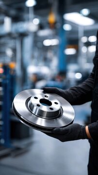 Worker holding a newly manufactured shiny metal brake disc rotor in automotive factory with blurred industrial machinery background and protective gloves on hands