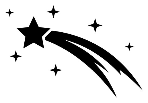 Shooting star silhouette with sparkling stars, falling comet trail icon, celestial magic wish symbol vector illustration