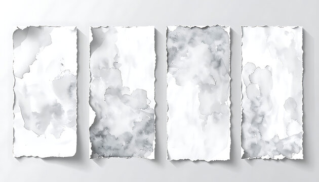 Four vertical rectangles with grey watercolor wash texture, torn paper edges, shadow effect