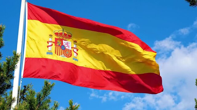 The national flag of spain waving against a bright blue sky with clouds