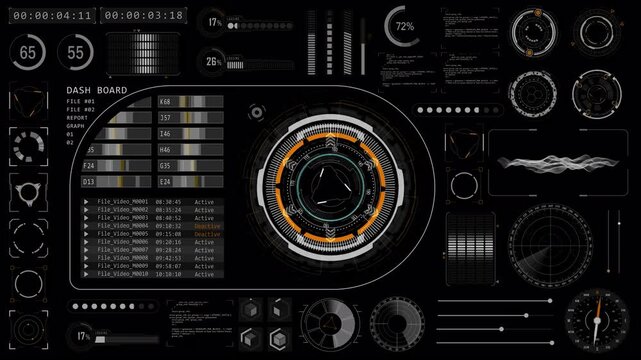 Futuristic dashboard interface with rotating data circles and motion video elements