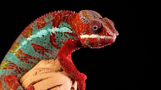 Close-up shot of a beautiful red and green chameleon in front of a black background.