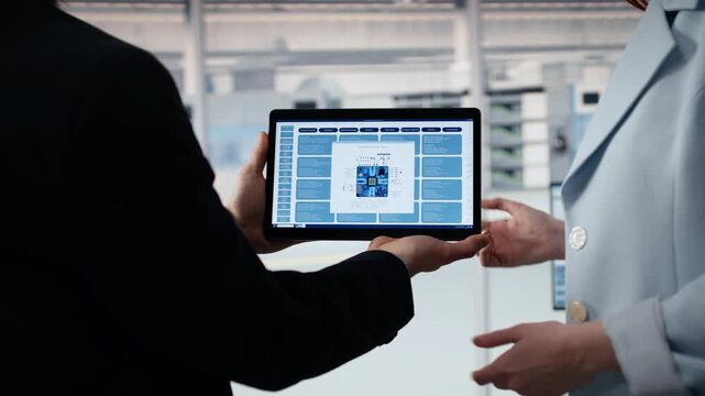 Doing microchips yield enhancement, tablet and senior manager with worker tracking defects data, monitoring PCB production dashboard, device app closeup and Teamwork colleagues in office.