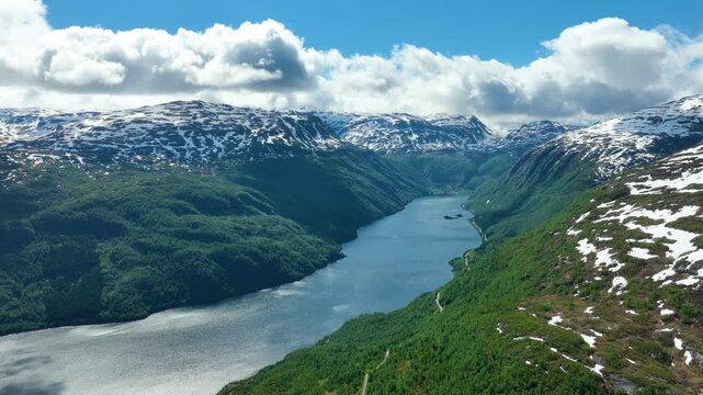 Aerial of R&oslash;ldalsvatnet lake and the rugged landscape of  Norway in spring.