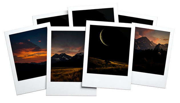 Group of polaroid instant photos showcasing landscapes at sunset and moonlit nights, nostalgia memories, vintage photography style