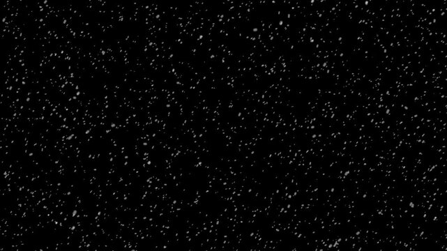 White snowfall overlay layer isolated on black background, real snow falling with snowflakes bokeh, seamless loop animation, transparent winter effect for christmas, holiday and new year projects