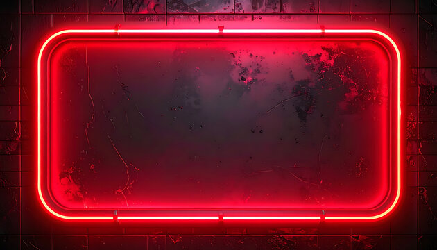 Glowing red neon rectangular frame on dark textured wall, electric light border, signage background, vibrant luminescent outline