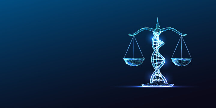 DNA Double Helix Ethics Justice Scale Genetic Engineering Bioethics Glowing Blue Polygonal Vector