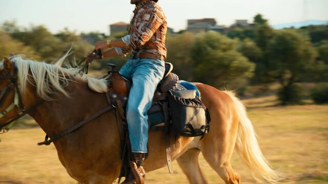 Cowboy galloping wildly in an Italian land with trees