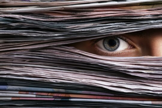 Human eye peeking through layers of stacked newspapers symbolizing curiosity and the search for information in a world full of printed media pages