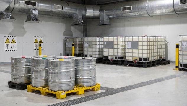 Medium shot of a secure hazardous materials handling zone featuring stacked drums and spill containment pallets under bright industrial lighting. Medium shot capturing an IBC tote