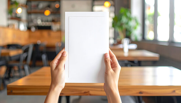 Hands holding a blank white menu or flyer template inside a cafe restaurant, marketing display
