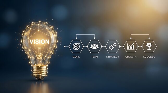 Illuminated light bulb with the word "VISION" representing the beginning of a successful business journey, from goals to achievement.
