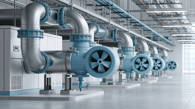 Industrial setting featuring modern blue piping and ventilation systems.