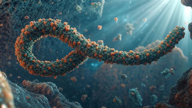 Cinematic 3D illustration of a giant filamentous FILOVIRUS structure floating under microscopic light rays