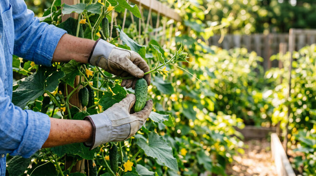 夏野菜キュウリを収穫する農家の手