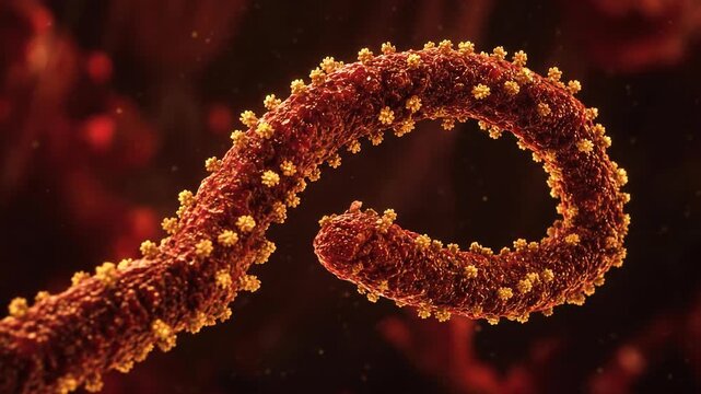 Highly detailed 3D render of a FILOVIRUS particle, a deadly filamentous virus with a unique helical structure, in striking close-up against a dark, abstract background