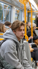 Fototapeta premium A thoughtful young Caucasian male in a gray hoodie on a train.