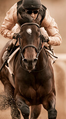 Obraz premium Female rider in sunglasses focuses intensely while racing a horse.