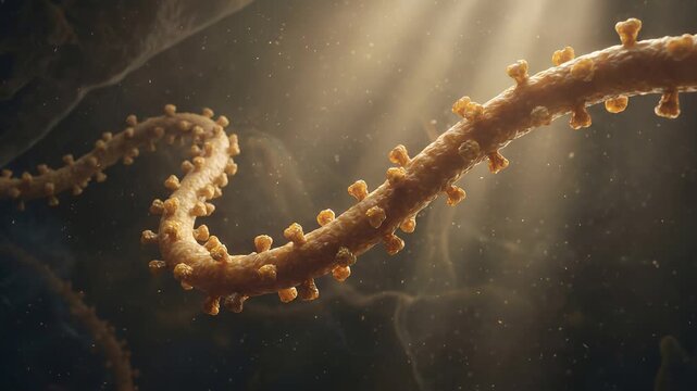 Detailed scientific visualization of a Filovirus particle floating within a biological fluid environment with cinematic lighting