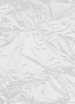 Close-Up Crumpled Plastic Wrap Texture PNG. Transparent close-up crumpled plastic wrap texture with glossy folds, sharp creases, scratches, dust, and reflective highlights. PNG mockup