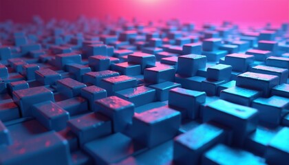 Fototapeta premium Abstract 3d render illustration shows rows of blue geometric blocks. Colorful wave patterns emerge from textured surfaces, creating a vibrant, dynamic visual effect.
