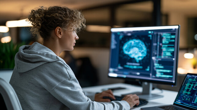 Anonymous computer scientist running an AI large language model chatbot on a PC in a startup workspace, IT professional using artificial intelligence and neural network coding