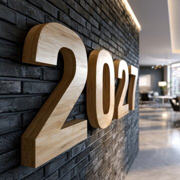 Large wooden numbers displaying the year 2027 mounted on a textured black brick wall in a modern office space with natural and artificial lighting
