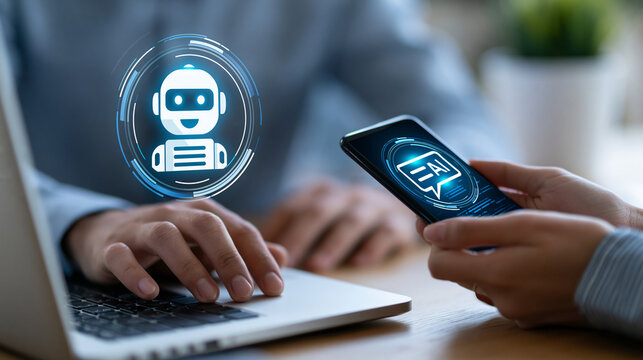 Anonymous man using a laptop and smartphone to interact with an AI chatbot assistant for customer support and business automation, digital robot icon interface concept, faceless,