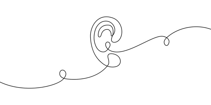 Continuous line drawing of human ear icon. Minimalist one-stroke outline illustration depicting hearing anatomy, medical concept for health care and sound perception awareness.