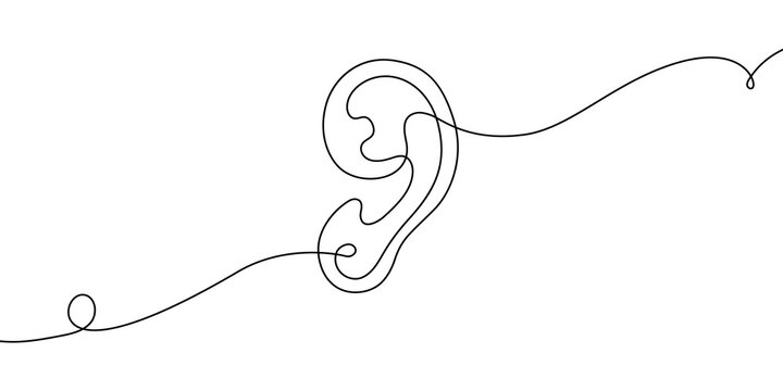 Continuous line drawing of human ear icon. Single stroke outline art depicting hearing anatomy. Minimalist black sketch for health and medical concepts.
