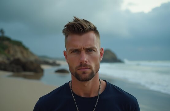 Blond man with beard and blue eyes stands on sandy beach near ocean. He wears dark t-shirt and necklace. Background is stormy sea and rocky hill.