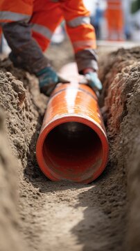 Worker installing large orange pipe into a narrow trench at a construction site with focus on the pipe opening and surrounding soil during infrastructure work