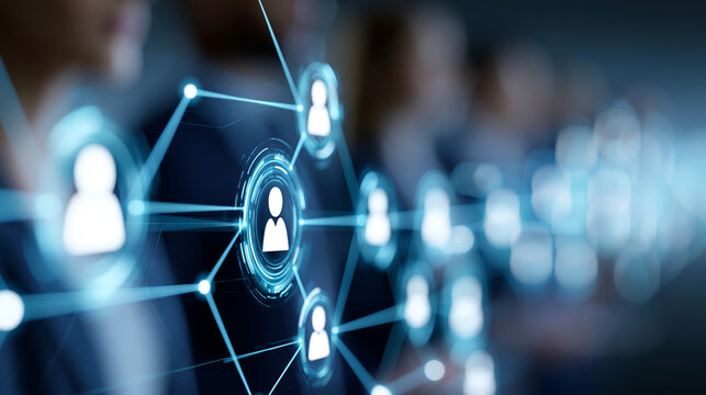 Abstract AI-powered business networking visualization with smart platforms and virtual assistants fostering digital collaboration, defocused background, with copy space