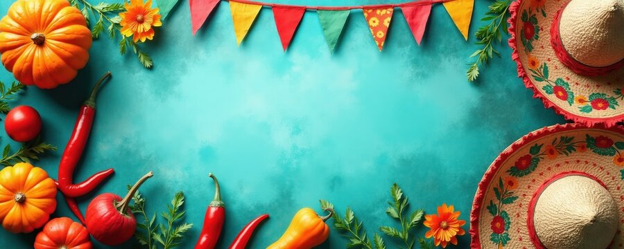 Mexican fiesta elements like pumpkins chilies flowers and sombreros decorate turquoise backdrop. Festive bunting flags and plants frame decorative arrangement with copy space.