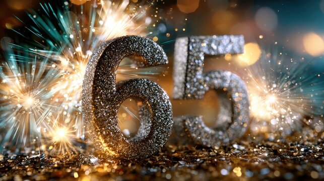 Glittering silver number 65 with festive sparkling lights and bokeh effects symbolizing celebration and milestone events in a vibrant setting