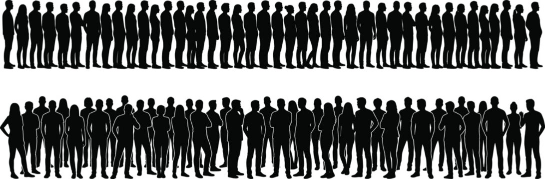 Silhouettes of people standing in a long line and group crowd isolated on white background