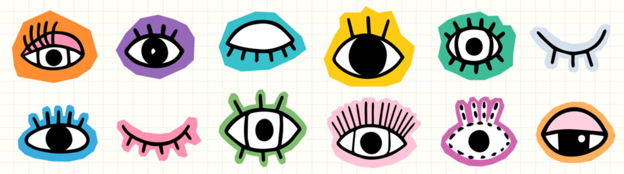 Colorful vector hand drawn doodle eye set, Groovy psychedelic eyes with eyelashes, winking, open and closed, Cute fun stickers