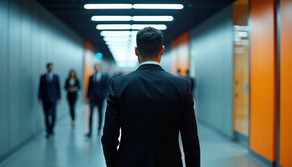 Fototapeta premium Man in dark suit walks down modern office hall. People in business attire move past in corridor. Bright lights line ceiling, orange wall accents interior.