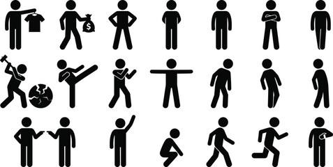 Stick figure pictogram icon set showing diverse human actions, business finance, physical movements, and body language postures © Ariful